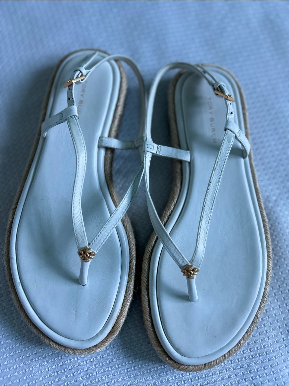 Tory Burch White Leather T-Strap Espadrille Sandals with Gold Logo